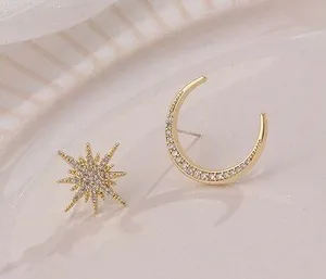 18K Gold Plated Asymmetrical Star Moon Stud Earrings for Women thumbnail 2