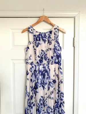 Eliza J Pleated Chiffon Blue White Floral Maxi Dress Size 8 thumbnail 3