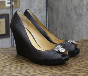 Michael Michael Kors Lock Accent Leather Textured Wedge High Heels Black 9.5M thumbnail 1