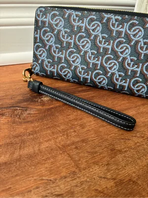 Coach Long Zip Around Wallet with Signature Monogram Print, Navy Blue / Gold thumbnail 6