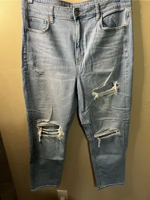 American Eagle Mom Straight High Rise Distressed Light Wash Denim Jeans thumbnail 2
