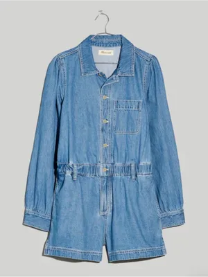 Madewell Denim Long-Sleeve Button-Front Cotton Romper in Rushland‎ Wash Size XXL thumbnail 4