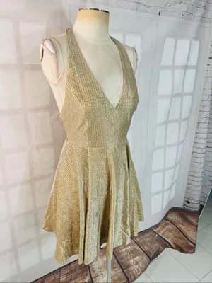 Lulus Gold Apryl Mae Metallic Sleeveless V-Neck Racerback Skater Dress Sz Small thumbnail 4