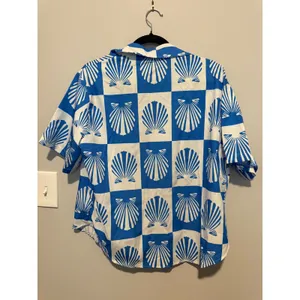 Blue White Seashell Checkered Short Sleeve Button Down Shirt Medium thumbnail 4