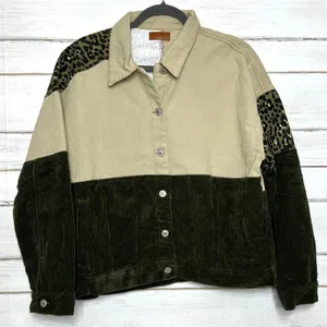 Umgee Color Block Corduroy Jacket Leopard Print Shacket Green Size Small thumbnail 2