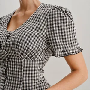Rihoas Black Plaid V Neck Ruffle Blouse Size XS thumbnail 2