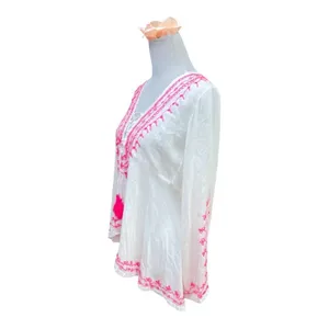 VINTAGE HAVANA WHITE AND NEON PINK EMBROIDERED GYPSY TUNIC TOP size M thumbnail 4