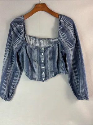 Charlotte Russe M Peasant Cotton Blue and White Striped Square-Neck Crop Top thumbnail 8