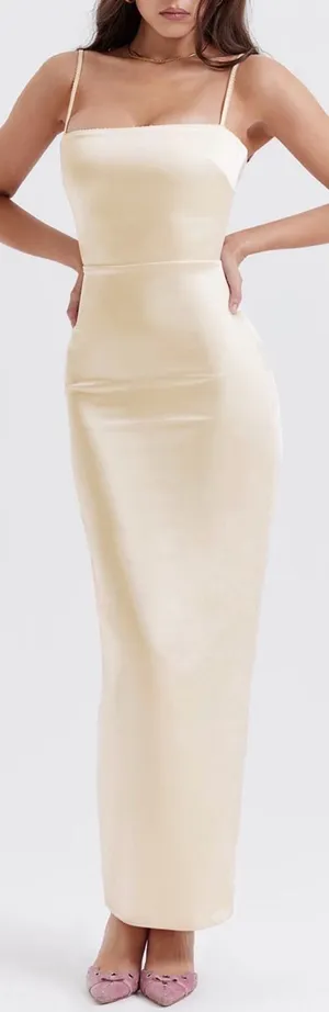 NWOT HOUSE OF CB Costanza vintage cream satin Maxi Dress sz S thumbnail 1