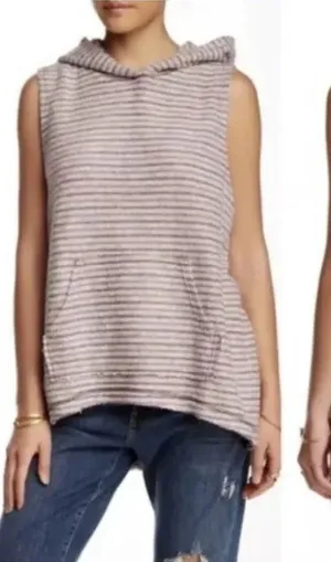 Free People Striped Sleevless Terry Cloth Hooded Plum/Mauve Sweater vest/top XS thumbnail 1