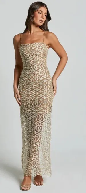 Showpo Ruth Midi Dress Natural Floral Lace Strappy Slip Dress US 10 NWT thumbnail 1