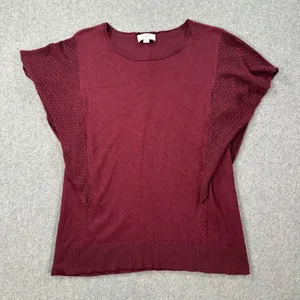 LOFT Outlet Burgundy Lace Sleeve Sweater Top Women's Medium Knit Crew Neck thumbnail 1