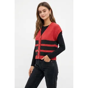 BiBi Game Day Theme Stripe Buttoned V Neck Knit Cardigan - Red/Black - Large thumbnail 3