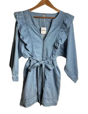 Free People Chambray‎ Mini Dress Size XS Blue thumbnail 1
