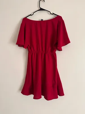 SheIn Red Flutter Sleeve Deep V Neck Fit & Flare Mini Dress L 8/10 thumbnail 3