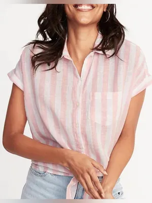 Old Navy Pink & White Striped Short-Sleeve Button Down thumbnail 1