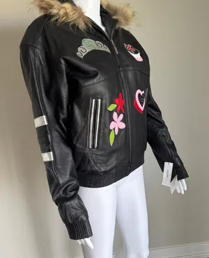 Barbie Custom Embroidered Glam Graphic Leather Jacket With Faux Fur Hood thumbnail 1
