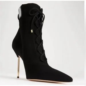 GOOD AMERICAN Black Suede Stiletto Lace Up Ankle Boot Bootie Hiking Size 5.5 New thumbnail 3