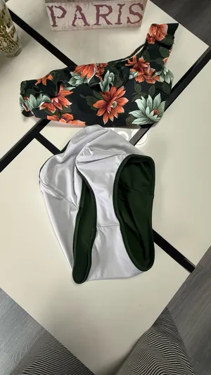 Cupshe Floral One-Shoulder Ruffle Bikini Set - Olive Green & Black Floral - Size L thumbnail 8