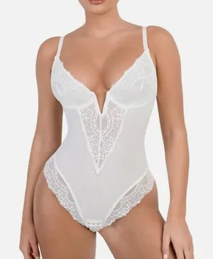 Women's Size Medium Lace Tummy Control Shapewear Bodysuit White Deep V-Neck Low thumbnail 1