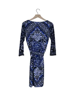 WHBM Women's XS Blue Black Blouson Patterned Keyhole Belted Mini Dress thumbnail 4
