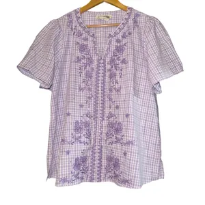 Savana Jane Embroidered Gingham Top Women's Small Cottage‎ Boho Feminine ~Flaw thumbnail 1