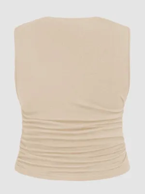 CIDER Beige Sleeveless High Neck Ruched Tank Top thumbnail 9
