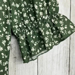 Unbranded Green White Dainty Floral Short Sleeve Button Faux Wrap Midi Dress thumbnail 4