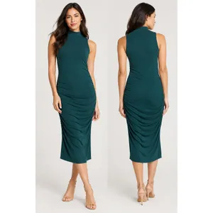 Halogen Ruched Midi Dress Womens Medium Teal New Mock Neck Sleeveless thumbnail 2