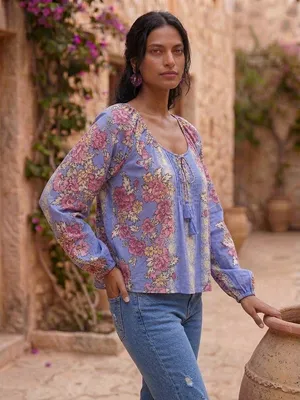 Free People Periwinkle Floral Tie-Front Peasant Top thumbnail 2