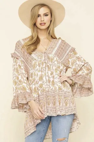 Free People Moonlight Dance Oversize Floral Printed Tunic Top Ivory Combo Boho M thumbnail 1