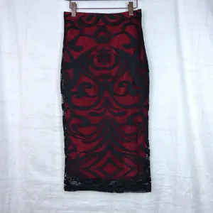 Bisou Bisou Michele Bohbot Pencil Skirt XS Red Black Lace Midi Gothic Vamp Y2K thumbnail 7