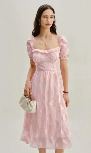 Rihoas Pink Square Neck Puffed Sleeve Midi Dress thumbnail 3