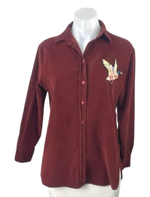 Beymen Club Red Maroon Corduroy Sequin Embroidered Duck Button Up Shirt Size XS thumbnail 1
