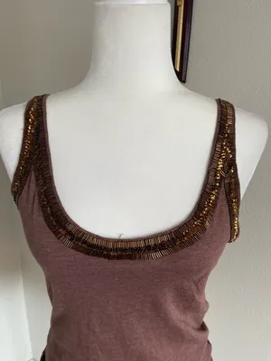 Threads 4 Thought Mauve Brown Tank with Gold Beaded Trim Size M thumbnail 2
