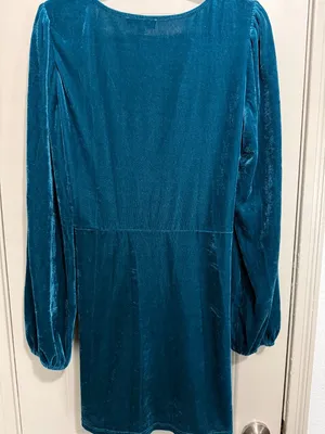 Lulus Luxe to the Touch Blue Velvet Long Sleeve Wrap Womens Mini Dress Teal XL thumbnail 5