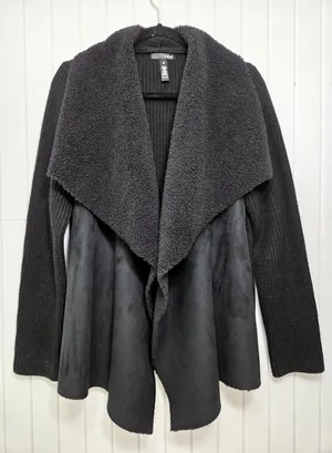 AQUA Womens Black Faux Fur Suede Knit Mixed Media Cardigan Jacket Large L‎ thumbnail 1