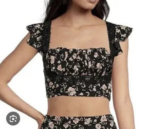 Free People Top Bijou Square Neck Floral Ruffle Sleeve Shoulder Tie Size 2‎ NEW thumbnail 1
