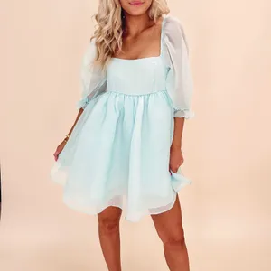 Entro Klesis Shimmery Puff Sleeve Square Neck Babydoll Dress Ice Blue thumbnail 2
