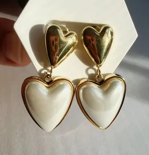 Gold double hear dangle earrings thumbnail 1