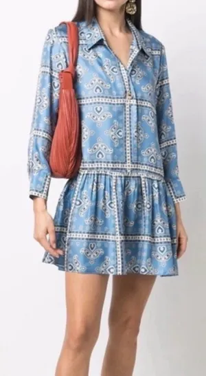 Sandro Blue Paisley Long Sleeve Collared Chloe Silk Mini Dress **Size 40/US 8** thumbnail 1