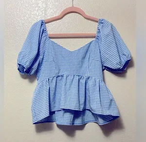 Blue Gingham Plaid Babydoll Puff Sleeve Blouse Top thumbnail 2