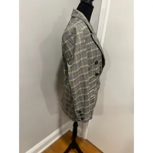 Free People Preppy Academia Plaid Double Breasted Blazer Sz:M Grey Yellow Jacket thumbnail 3