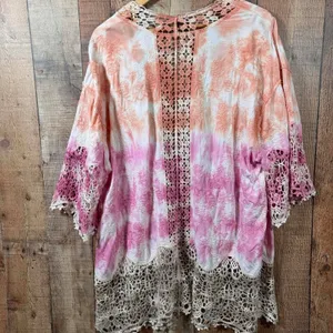 Democracy Tie Dye Crochet Kimono 1X Plus Lace Duster Swim Cover Up Pink Orange thumbnail 4
