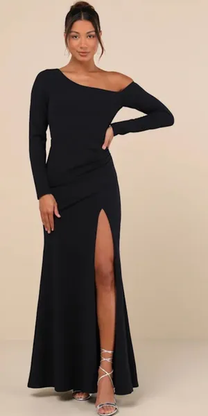 Lulus Navy Blue Asymmetrical Pleated Maxi Dress thumbnail 2