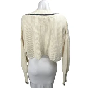 Oak + Fort Cream Rib Chunky Knit V-neck Long Sleeve Crop Cardigan Sweater Top M thumbnail 2