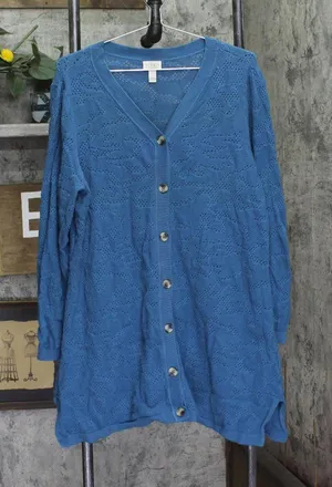 Logo By Lori Goldstein Button Front Cotton Cardigan Sweater Blue Slate 1X thumbnail 1