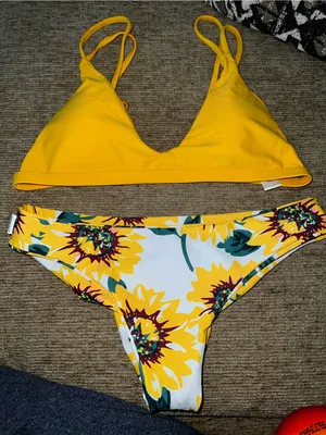 Yellow V-Neck Bikini Set with Sunflower Print Bottoms - Women Swim thumbnail 2
