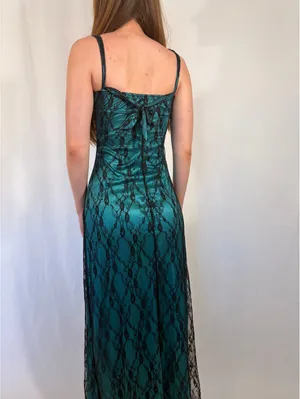 Turquoise Lace Overlay Gothic Maxi V Neck Dress Blue thumbnail 4