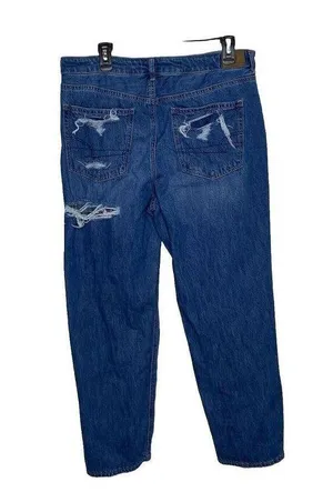 American Eagle Mom Straight Jean Blue Jeans Denim Ripped Plaid Patch Size 16 thumbnail 4